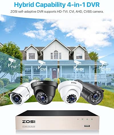 Zosi H.265 + 5MP LITE 8-kanalni CCTV DVR snimač, 8CH 1080p Hybrid 4-in-1 nadzor DVR & 4pcs 1080p 2MP 1920TVL HD-TVI Vanjski zatvoreni sa 120ft IR noći sa nadzorom