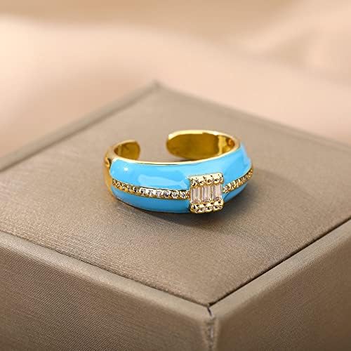 Ttndstore Neonski prstenovi za otvaranje ulja za kapanje za žene CZ kvadratni kristalni emajlirani prstenovi trendi zdepasti par vjenčani prstenovi nakit - plava-40184
