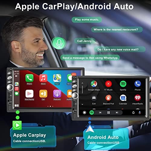 Dvostruka din Car Stereo Glasovna kontrola za Apple Carplay i Android Auto, 7 inčni multimedijski dodirni auto radio prijemnik sa Bluetooth, SWC-om, ogledalom, rezervnom kamerom, FM audio prijemnik