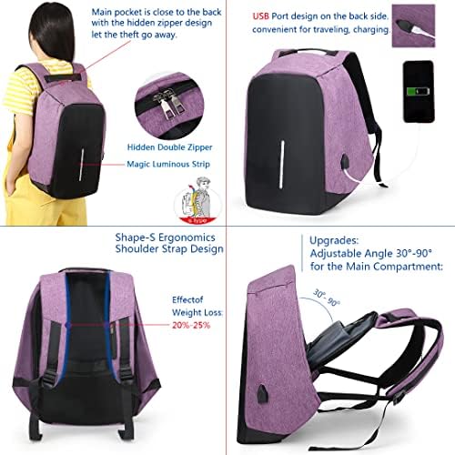 Ruksak protiv krađe sa USB punjenjem porta / lagano-težine ruksak za laptop / vodootporan za muškarce i žene - ljubičaste