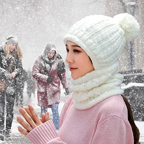 Žene zimske grane kape jednodijelno runo obloženo pletit balaclavas maska ​​set lubanja krug krug šal sneg snijeg kapa s pompomom