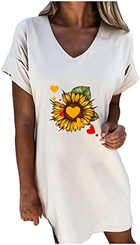 Vintage Sunflower grafički kratki košulja V izrez kratki rukav labav fit tunika Haljina kratkih rukava