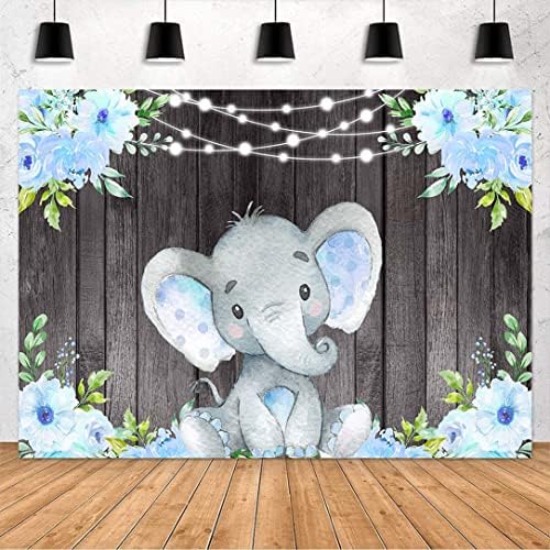 Avezano plava cvjetna pozadina slonova za Baby Shower Boy Rustikalna Drvo siva Elephant tema
