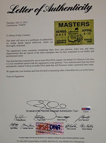 Jordan Spieth potpisao 2015 Masters Golf značka veliko drvo za prikaz karte za kartu Rijetki PSA DNK