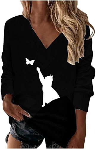 Narhbrg ženska slatka mačka tiskana dukserica, ženske casual v pulover izreza stilskim labavim grafičkim majicama