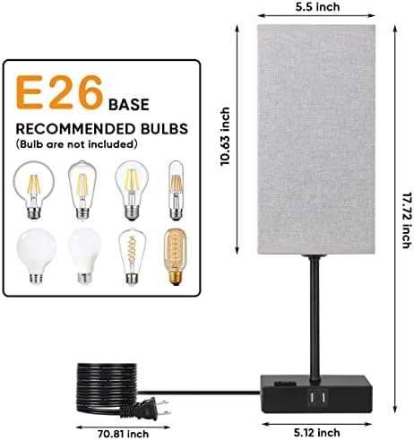 Set od 2 lampe za noćni ormarić, Crne lampe za kontrolu dodira sa 2 USB porta za punjenje & 1 AC izlaz, sive tkanine kvadratne lampe za noćne lampe idealne za dnevni boravak u spavaćoj sobi(E26 LED sijalice nisu uključene)