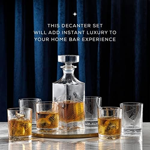 Joyjolt Gatsby viski Decanter i 6kom naočare Set. 27 oz nepropusni stakleni dekanter i Set od 6 staromodnih čaša za kamenje za koktele od viskija, Burbona, viskija, konjaka, ruma ili viskija