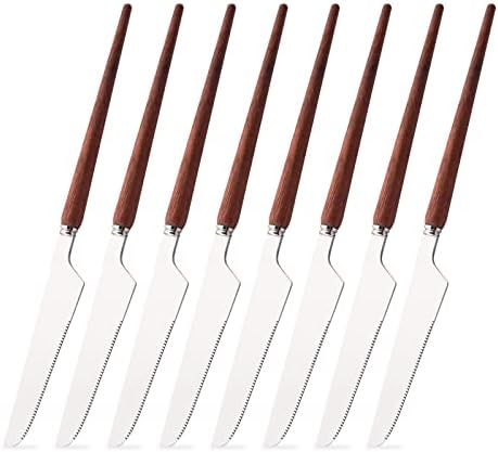 Uniturcky set noževa za večeru od 8, 304 Set srebrnog posuđa od nerđajućeg čelika sa prirodnom ručkom od ružinog drveta, sjajni noževi za ogledalo, 8,85 inča