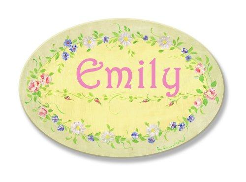 Dječija soba Stupell Emily, žuta sa zelenim cvjetnim obrubom personalizirana ovalna zidna ploča