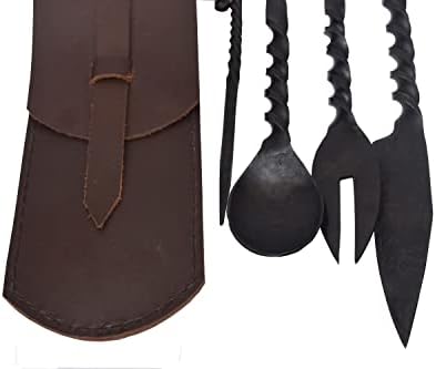 Viking Traders ručno kovani Srednjovjekovni upleteni trpezarijski pribor za jelo/gozbu set od 4 komada funkcionalne kašike noža viljuške i štapića za hranu Srednjovjekovni set za jelo, sa torbicom od prave kože za nošenje.