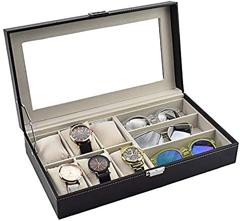 Xjjzs nakit kutija - PU kožna čist poklopac zaslon za pohranu poklopca Organizator sa 3 rešetke 6 za naočale i satove