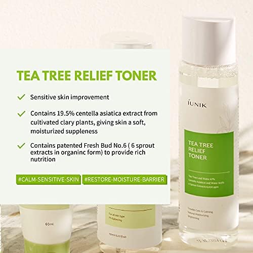 Iunik Tea Tree Relief tonik za lice, hidratantna krema za lice za liječenje akni, Clearing 6.7 Fl oz + Tea Tree Relief prirodni Serum za lice 1.71 Fl oz, Acne Treatment serum ampula Clear Skin