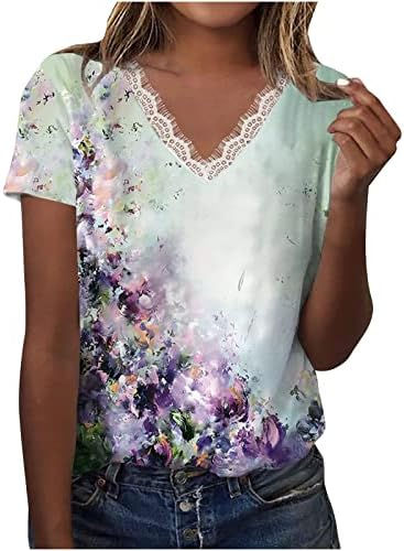 MRŠIINRI ženski vrhovi 2023 Dressy Casual V izrez kratke rukave majice ljetna moda čipkasta Trim cvjetni Print labave bluze