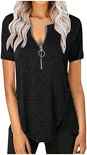 Ženske vrhove u boji, stilski patentni zatvarač sa niskim vratom, majica s kratkim rukavima, casual majica