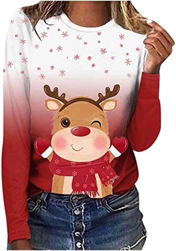 Ženski božićni vrhovi slatke tiskane majice pulover dugih rukava casual santa šešir crvene