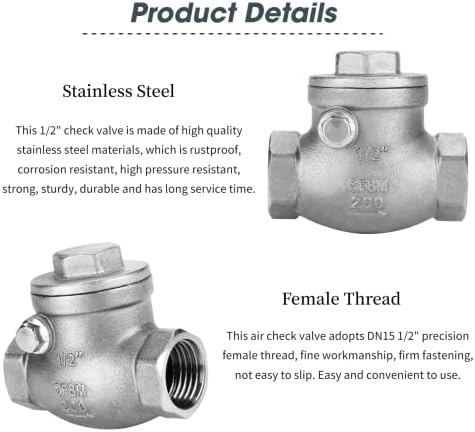 Nepovratni ventil za ljuljanje, nepovratni ventil od nerđajućeg čelika 1/2 Dn15, profesionalni ženski navoj horizontalni jednosmerni nepovratni nepovratni ventil za paru vodenog ulja