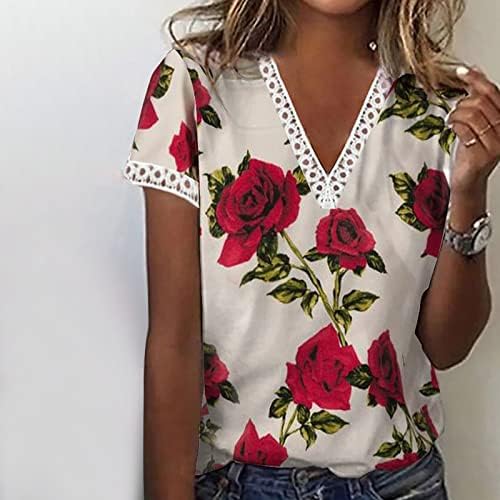 Jesen Ljetna bluza Teen Girls kratki rukav čipka pamučna duboka V izrez cvjetna grafička lounge bluza za žene