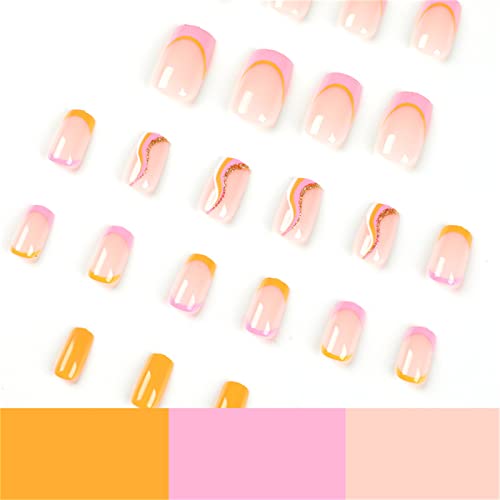 24kom žuto ružičasti francuski talasi lažni nokat pun poklopac kvadrat kratka presa na noktima sa lepkom za žene i devojke Nail Art manikir dekoracija