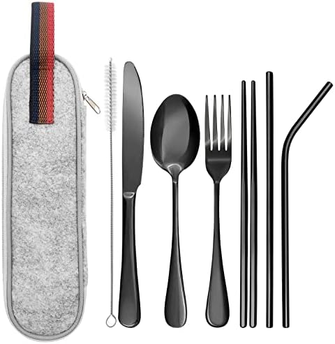 Putni set srebrnog posuđa sa futrolom, putni set posuđa uključuje štapiće za višekratnu upotrebu, viljušku, nož i slamke, Set Crnog posuđa, srebrninu za višekratnu upotrebu za ručak