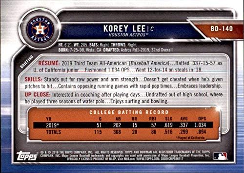 2019 Bowman Nacrt Baseball BD-140 Korey Lee Houston Astros Službena MLB trgovačka kartica proizvedena