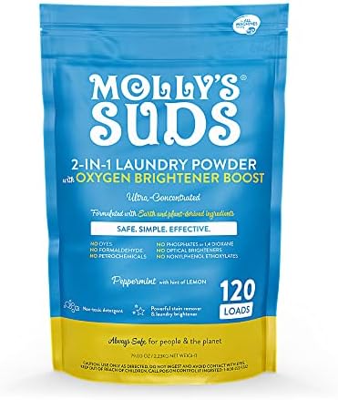 Molly Suds 2-u-1 Originalni prašak za pranje veša sa pojačivačem kiseonika / prirodni deterdžent za veš i sredstvo za uklanjanje mrlja | pepermint sa naznakom limuna, 120 opterećenja