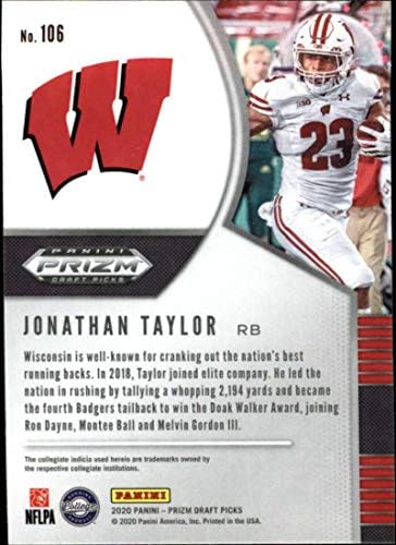2020 PANINI PRIZM izbora # 106 Jonathan Taylor Wisconsin Badgers Dracks RC Rookie zvanično licencirani NCAA Collegiate i NFLPA Fudbal Panini Panini fudbalsku trgovinu