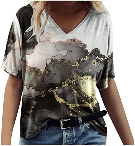 Top majica za ženske kratkih rukava V V vrat Pamuk mramorni grafički sretan poklon ručak labav fit majica xu