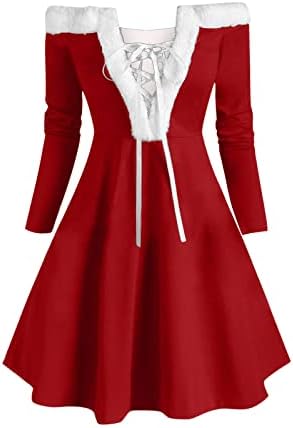 Ženske Mini ljuljačke haljine Vintage Božić crveni dugi rukavi seksi od ramena čipkasta plišana haljina za zabavu